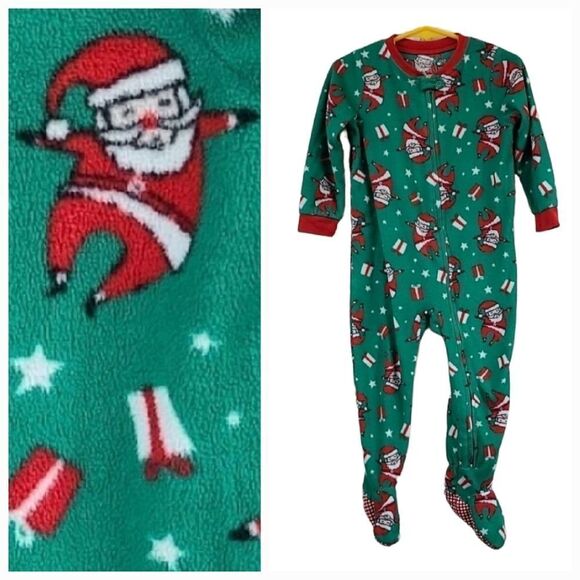 Christmas Santa Boy 24M Baby Toddler FLEECE Footed Winter PJs Pajama Green Red - Picture 1 of 6